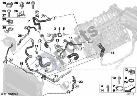 BMW 1 E81 E87 aušinimo sistemos aušinimo skysčio žarnos (E87 130I) – schema
