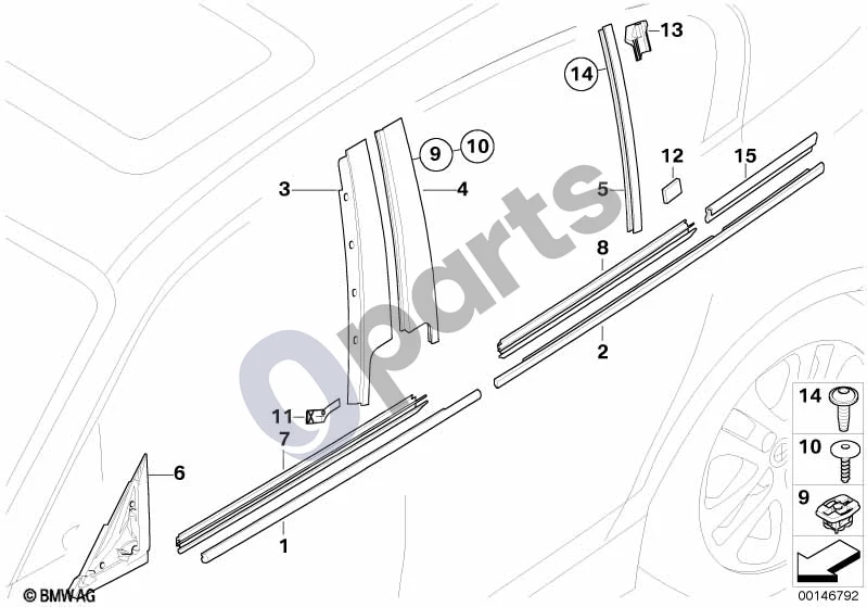 BMW 1 E81 E87 (2004–2011) Išorės apdaila / grotelės (E87 LCI 116D, E87 116I) schema – pozicija 07: Vidinis kairysis lango kreipiklio dangtelis