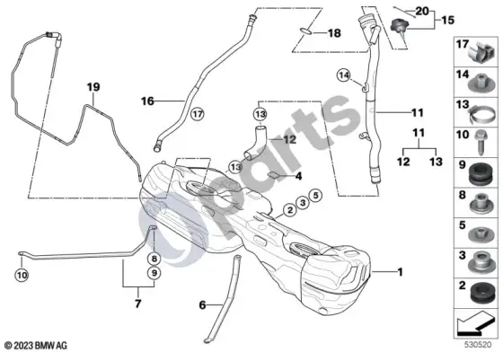 BMW 1 E81 E87 degalų bakas / tvirtinimo detalės (E87 LCI 118D, E87 LCI 120D, E87 LCI 123D, E87 LCI 116D, E87 118D, E87 120D) – schema