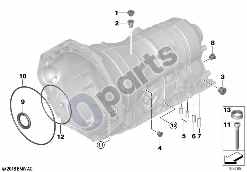 BMW 1 E81 E87 (2004–2011) GA6HP19Z korpusas su tvirtinimo detalėmis schema – pozicija 09: Veleno sandariklis