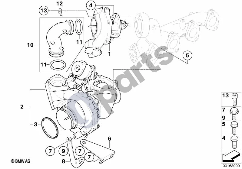 BMW 1 E81 E87 (2004–2011) Išmetamųjų dujų turbokompresorius schema – pozicija 08: Atrama