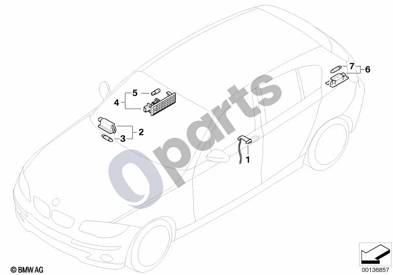 BMW 1 E81 E87 (2004–2011) Įvairios lemputės schema – pozicija 04: Salono apšvietimas