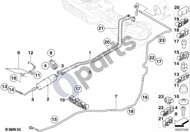 BMW 1 E81 E87 (2004–2011) Kuro vamzdžiai ir kuro filtrai schema – pozicija 02: Degalų filtras