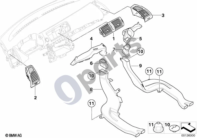 BMW 1 E81 E87 (2004–2011) Oro išleidimo anga schema – pozicija 10: Spaustukas