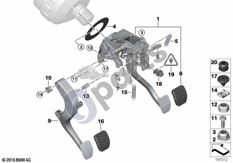 BMW 1 E81 E87 (2004–2011) Pedalai su grąžinimo spyruokle schema – pozicija 09: Sankabos pedalas