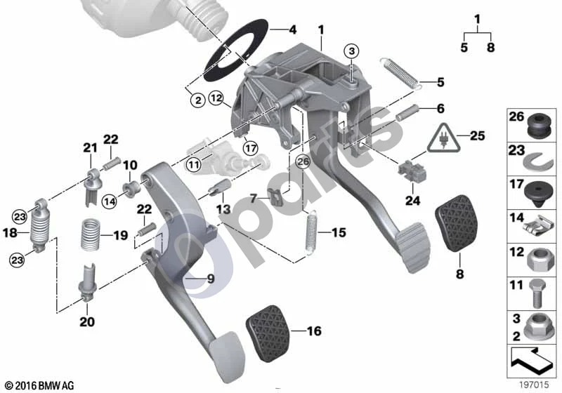BMW 1 E81 E87 (2004–2011) Pedalų mazgas su pagalbine perlenkimo spyruokle schema – pozicija 20: Gniuždymo spyruoklės laikiklis