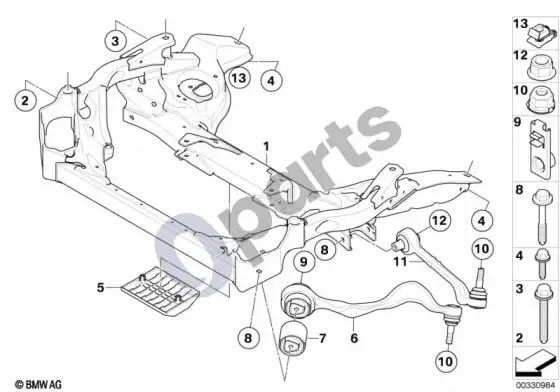 BMW 1 E81 E87 priekinės ašies atrama, skersinis svertas / įtempimo trauklė – schema