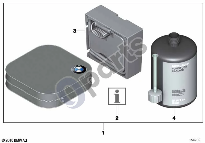 BMW 1 E81 E87 (2004–2011) Ratų avarinio remonto komplektas schema – pozicija 03: Kompresorius, padangų mobilumo rinkinys