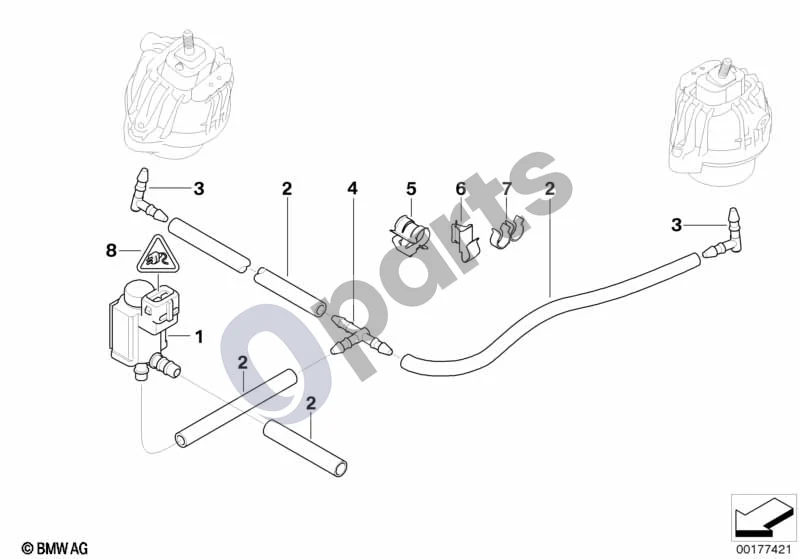 BMW 1 E81 E87 (2004–2011) Vakuuminis valdymas – variklio pagalvė schema – pozicija 04: T formos jungtis