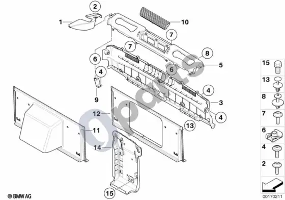 BMW 1 E82 E88 apdailos skydelis, pertvara – schema
