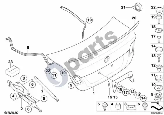 BMW 1 E82 E88 atskiros bagažinės dangčio dalys – schema
