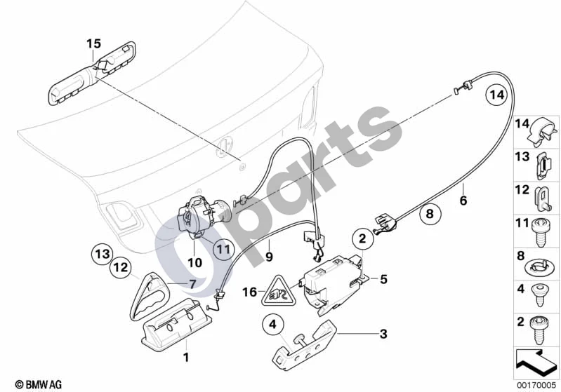 BMW 1 E82 E88 (2007–2014) Bagažinės dangtis / uždarymo sistema schema – pozicija 07: Avarinio atrakinimo rankena