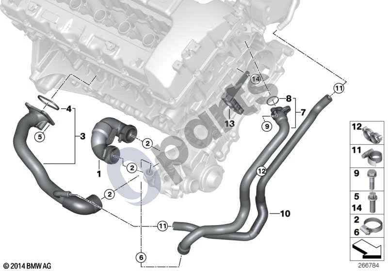 BMW 1 E82 E88 (2007–2014) Aušinimo sistemos vandens žarnos (E88 135IN54) schema – pozicija 03: Vamzdis, variklis–aušinimo skysčio siurblys