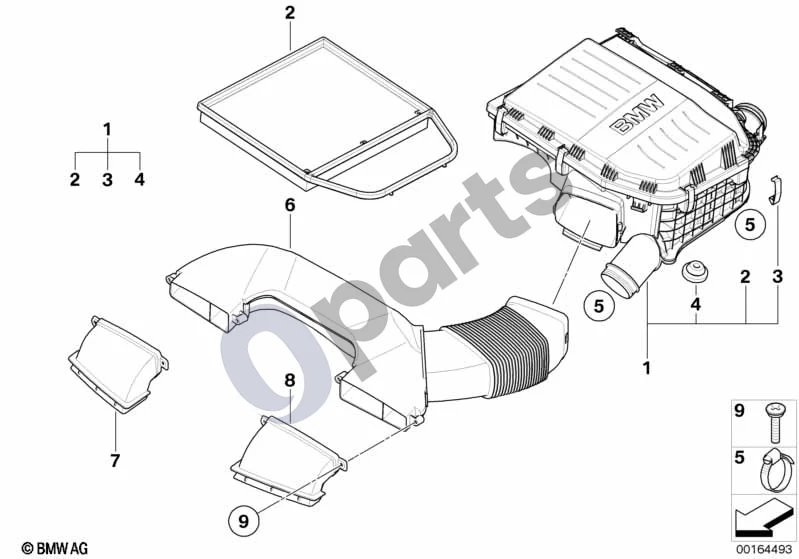 BMW 1 E82 E88 (2007–2014) Įsiurbimo oro duslintuvas / filtro elementas (E88 135IN54) schema – pozicija 02: Oro filtro elementas