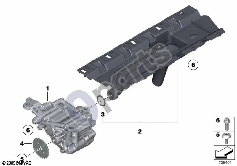 BMW 1 E82 E88 (2007–2014) Tepimo sistema / Alyvos siurblys (E88 135IN55) schema – pozicija 06: Aliuminio varžtų komplektas, alyvos siurblys