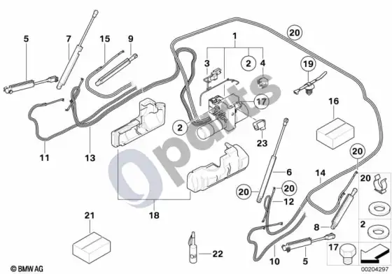 BMW 1 E82 E88 elektrohidraulinio nuleidžiamo stogo dalys – schema