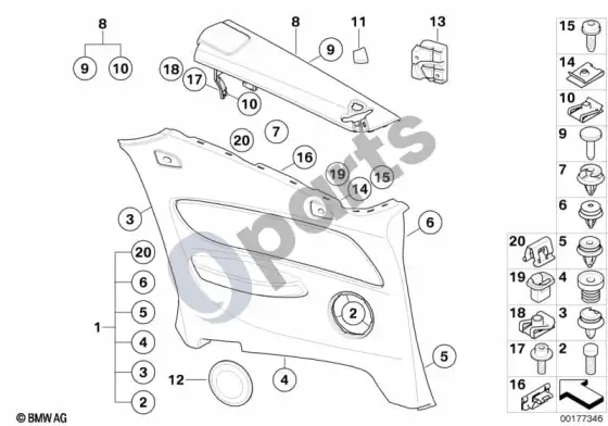 BMW 1 E82 E88 galinė šoninė apdailos plokštė – schema