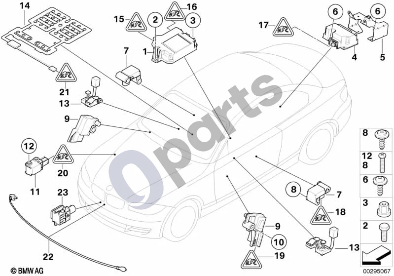 BMW 1 E82 E88 (2007–2014) Oro pagalvių elektros dalys schema – pozicija 09: Durų jutiklis
