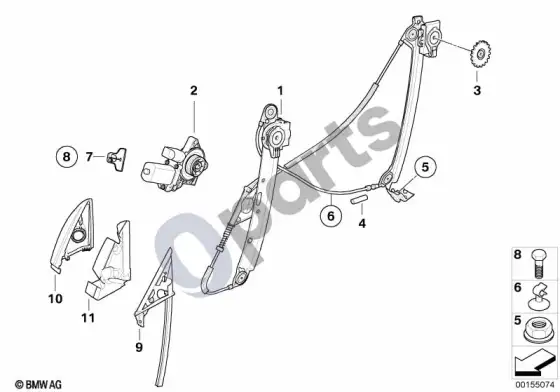 BMW 1 E82 E88 priekinis durų stiklo pakėlimo mechanizmas – schema