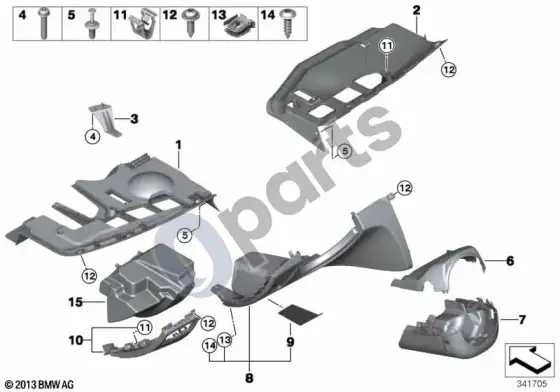BMW 1 E82 E88 prietaisų skydelio tvirtinimo detalės, apatinės – schema