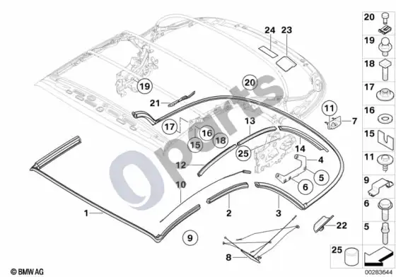 BMW 1 E82 E88 sulankstomo stogo tvirtinimo dalys – schema
