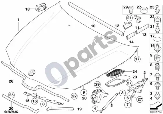 BMW 1 E82 E88 variklio gaubto / tvirtinimo detalės – schema
