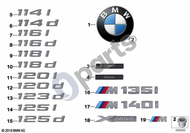 BMW 1 F20 F21 (2011–2019) Emblemos / užrašai schema – pozicija 19: Emblema