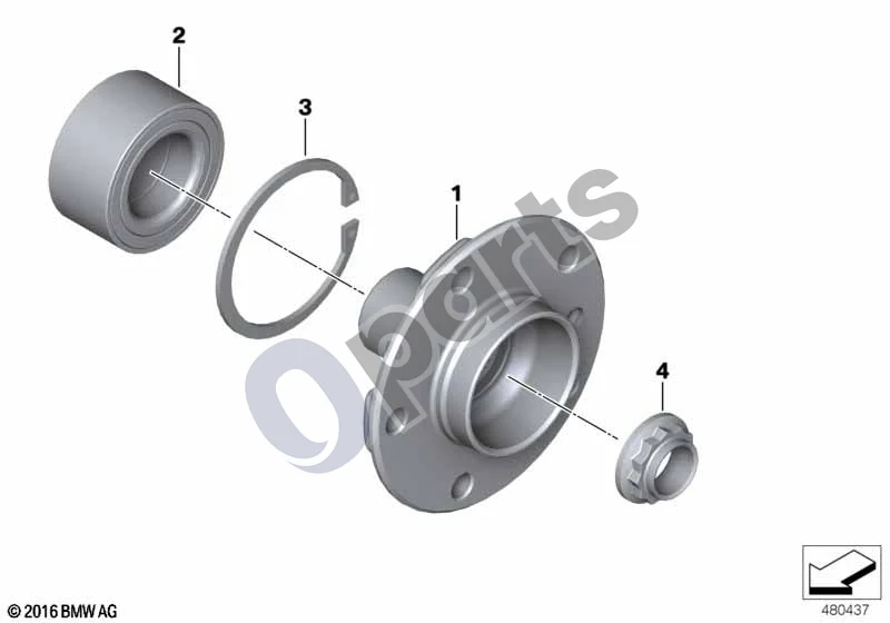 BMW 1 F20 F21 (2011–2019) Pusašis/ratų guoliai schema – pozicija 01: Pavaros jungės stebulė