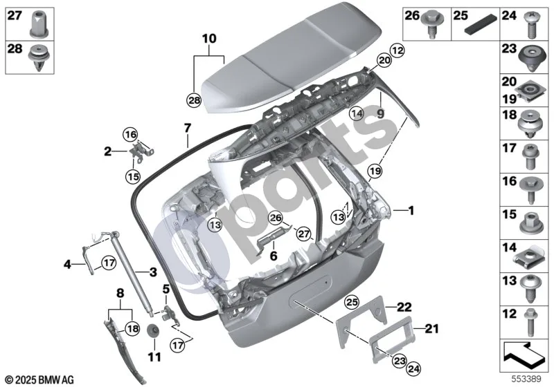 BMW 1 F40 (2019–2023) Bagažinės dangtis schema – pozicija 09: Aeroblade