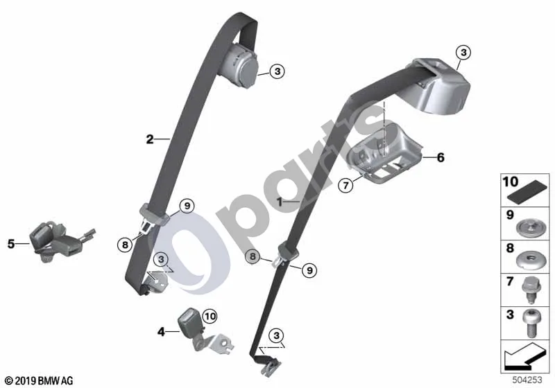 BMW 1 F40 (2019–2023) Galinis saugos diržas schema – pozicija 10: Veltinis