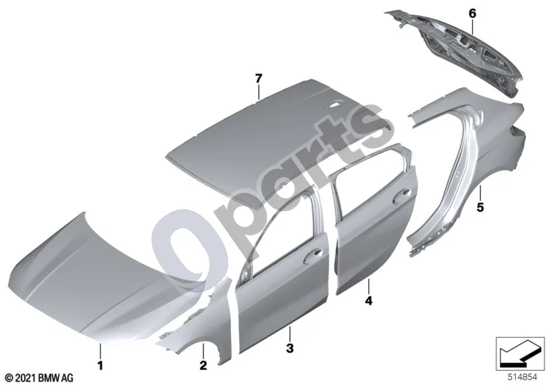 BMW 1 F40 (2019–2023) Išorinė plokštė schema – pozicija 07: Stogo skydas