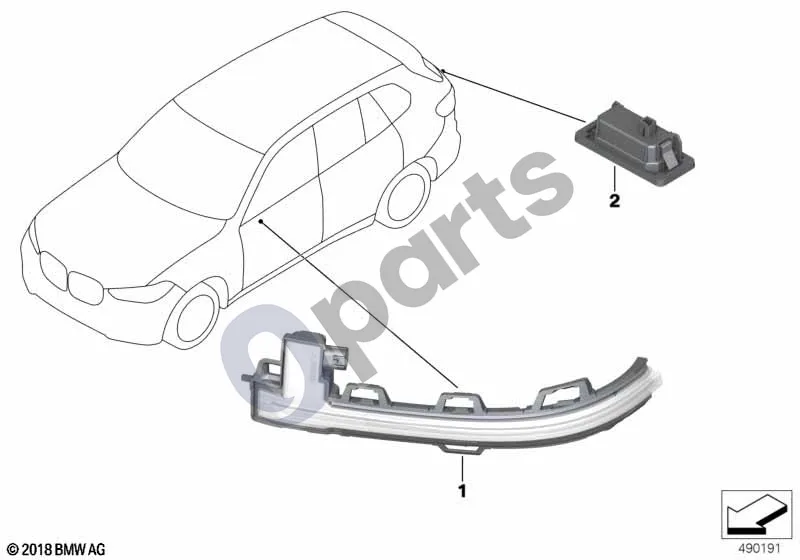 BMW 2 Active Tourer U06 (2021–) Šoninis posūkio kartotuvas / žibintai, išoriniai schema – pozicija 02: LED valstybinio numerio apšvietimas