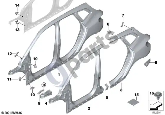 BMW 2 Active Tourer U06 šoninis rėmas – schema