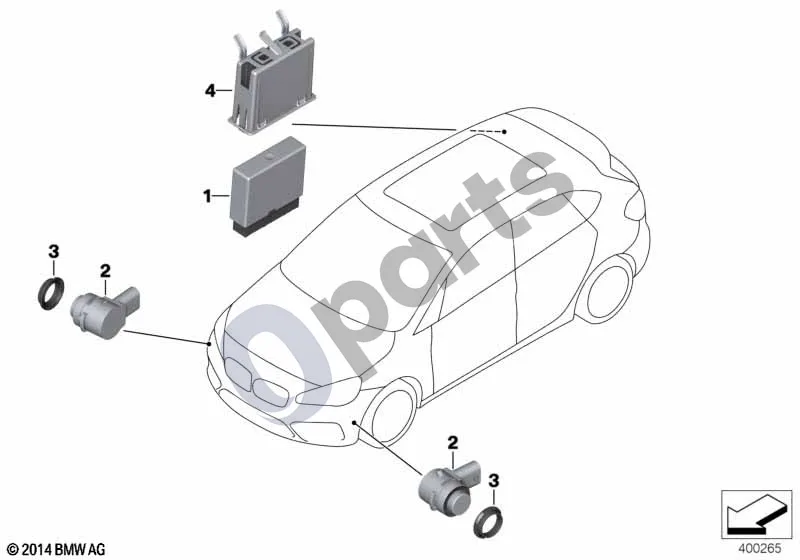 BMW 2 F45 (2014–2021) Parkavimo asistentas (PMA, F45 214D) schema – pozicija 01: Valdymo blokas, parkavimo asistentas