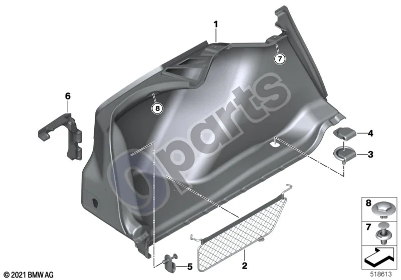 BMW 2 G42 (2021–) Bagažinės apdaila, kairė schema – pozicija 03: Tvirtinimo kilpa