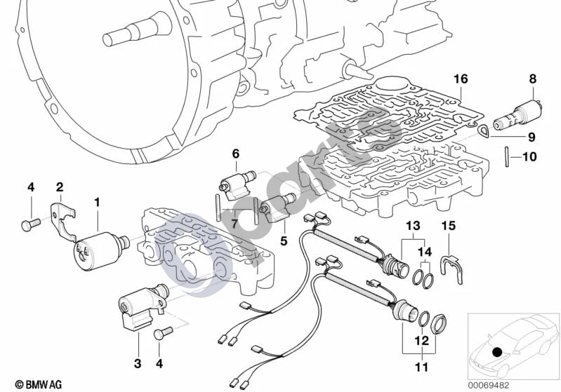 BMW 3 E36 (1991–2000) A4S 270R/310R solenoidinis vožtuvas/laidų komplektas schema – pozicija 15: Tvirtinimo spaustukas