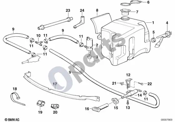 BMW 3 E36 atskiros dalys priekinių žibintų plovimui – schema