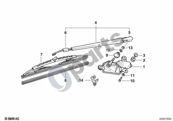 BMW 3 E36 atskiros galinio stiklo valytuvo dalys – schema