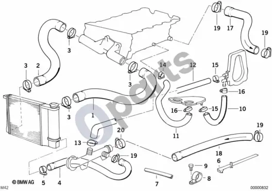 BMW 3 E36 aušinimo sistemos vandens žarnos; 1993.09 - 1994.07 – schema