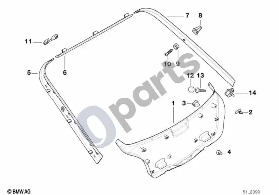 BMW 3 E36 bagažinės dangčio apdailos plokštė – schema