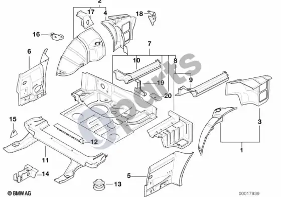 BMW 3 E36 bagažinės grindų skydas/galinė ratų arka – schema