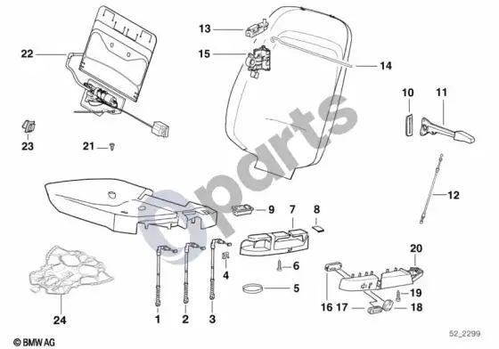 BMW 3 E36 priekinės sėdynės valdymo elementų atskiros dalys – schema