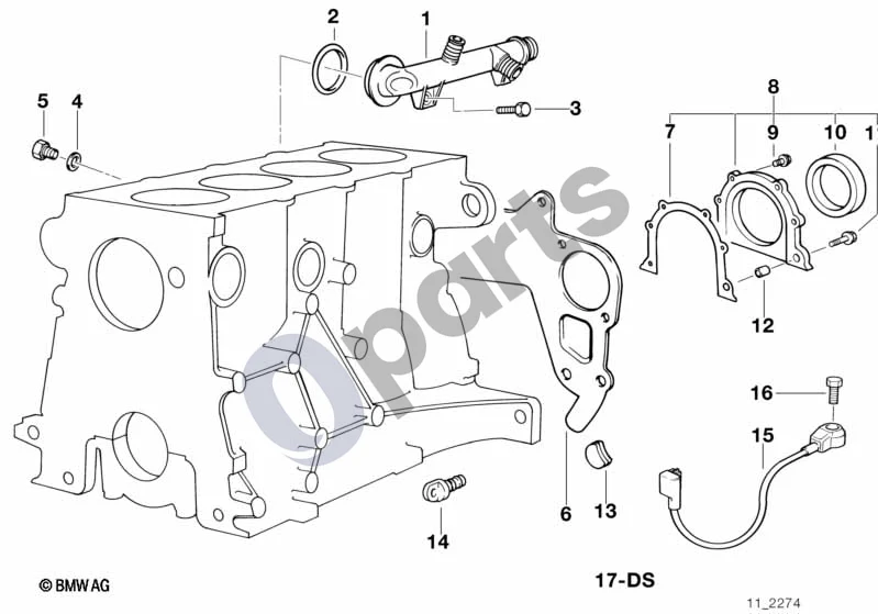 BMW 3 E36 (1991–2000) Variklio bloko tvirtinimo detalės (E36 316G) schema – pozicija 15: Ping jutiklis