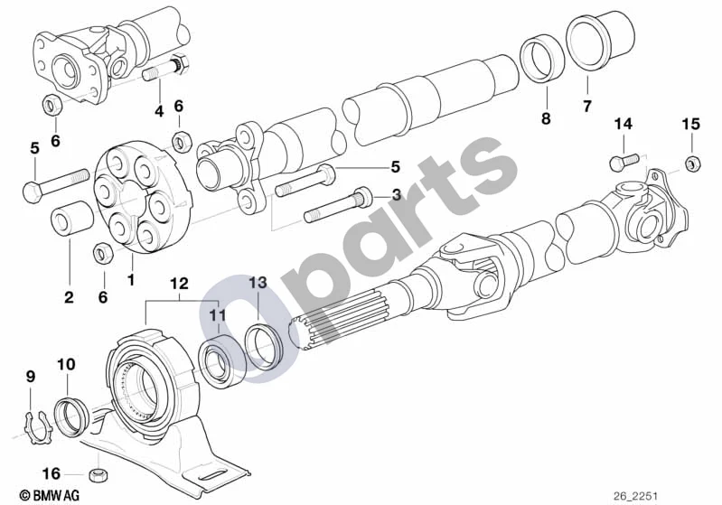 BMW 3 E36 (1991–2000) Pavaros velenas – tarpinis guolis – kardaninis šarnyras (E36 316I, E36 318ISM44, E36 320IM50, E36 318TIM42, E36 318TIM44) schema – pozicija 01: Elastinė mova