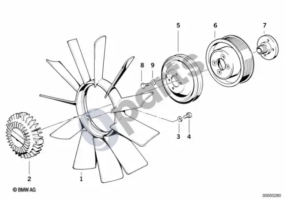 BMW 3 E36 aušinimo sistema – ventiliatorius/ventiliatoriaus mova (E36 316IM40, E36 318IM40) – schema