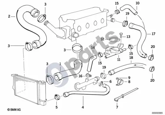 BMW 3 E36 aušinimo sistemos vandens žarnos (E36 316IM40, E36 318IM40) – schema