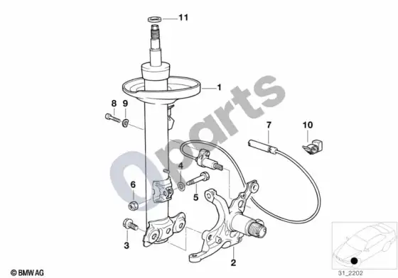 BMW 3 E36 priekinė amortizatoriaus statramė/amortizatorius (E36 316IM40, E36 318IM40) – schema