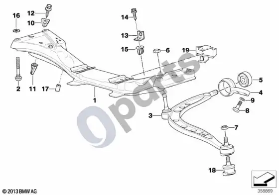 BMW 3 E36 priekinės ašies atrama/skersinė svirtis (E36 318ISM42, E36 318ISM44, E36 320IM50, E36 318IM43, E36 316IM40, E36 318IM40, E36 316IM43) – schema