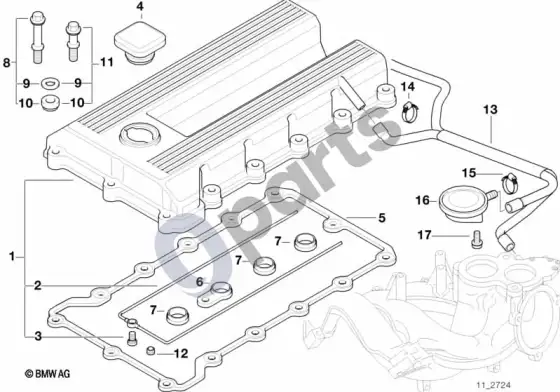 BMW 3 E36 cilindrų galvutės dangtis (E36 318ISM44, E36 318TIM44) – schema
