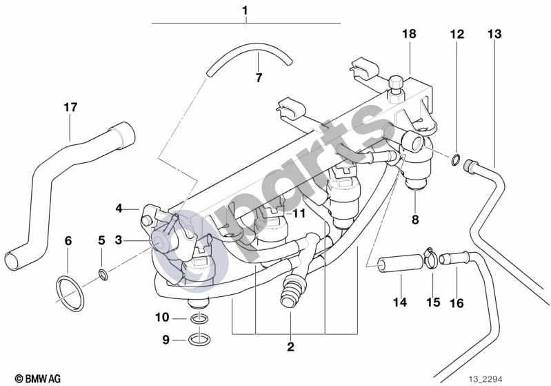 BMW 3 E36 (1991–2000) Degalų įpurškimo sistema / purkštukas (E36 318ISM44, E36 318TIM44) schema – pozicija 08: Įpurškimo purkštukas su oro srautu